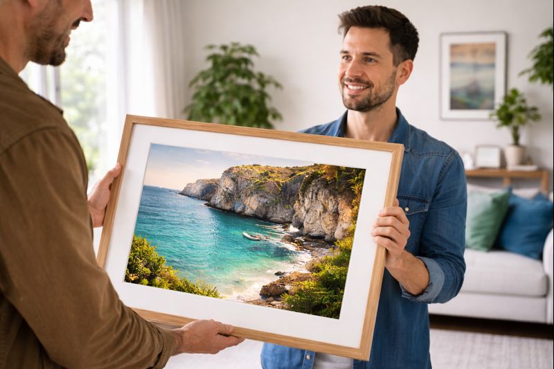 Cliente satisfeito ao receber seu quadro pronto